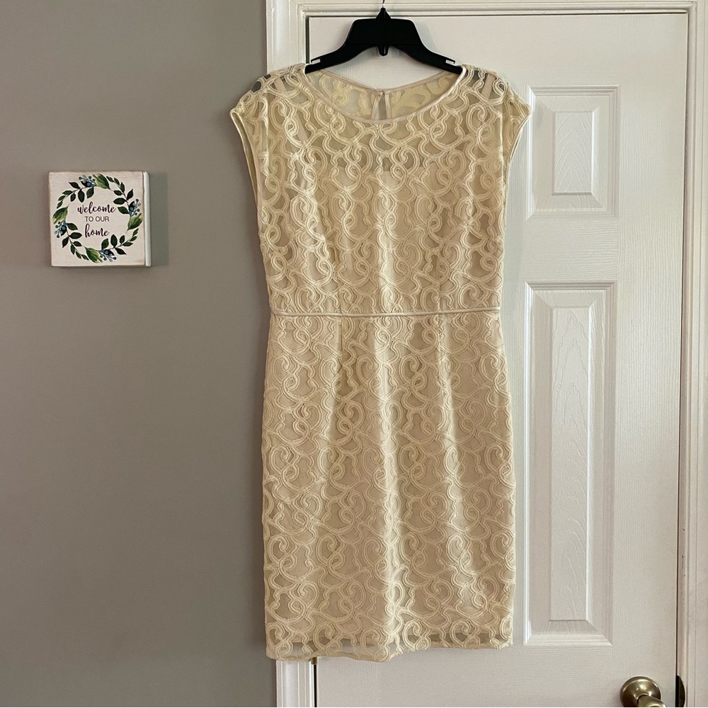 Adrianna Papell Ivory Jacquard Sheath Midi Dress Lace Overlay Knee Length Size 6